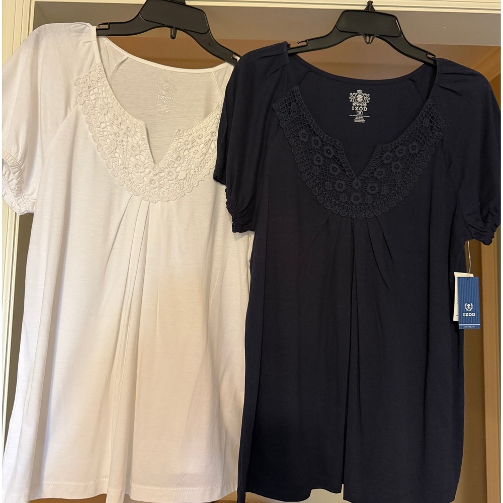IZOD Womens Crochet Lace Trim Top Set Navy Blue White Cotton Modal Blouse M